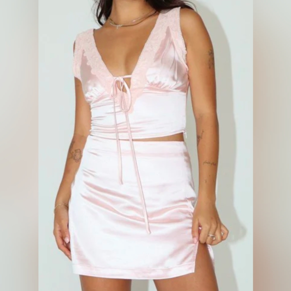 Bailey Rose  Satin Lace Trim Cami Top and skirt Light Pink